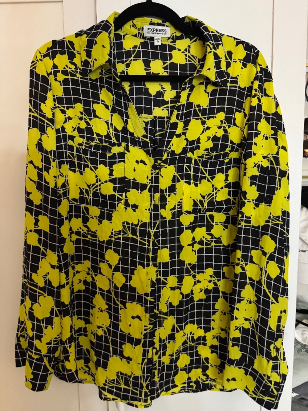 Express Portofino Shirt XL Black Neon Yellow Floral Grid Blouse